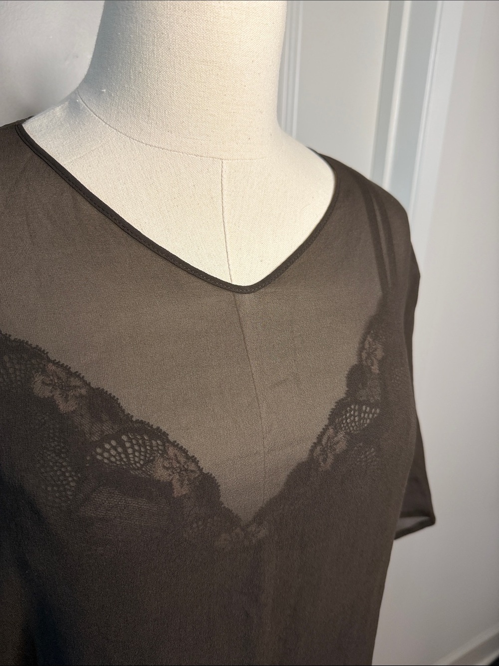 Vintage Mariella Burani 100% Silk Crepe Sheer Brown Blouse Made in Italy